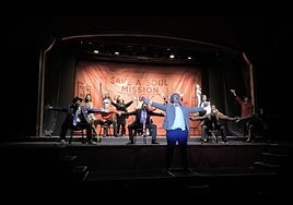 The cast of Guys and Dolls during rehearsals for the show.
