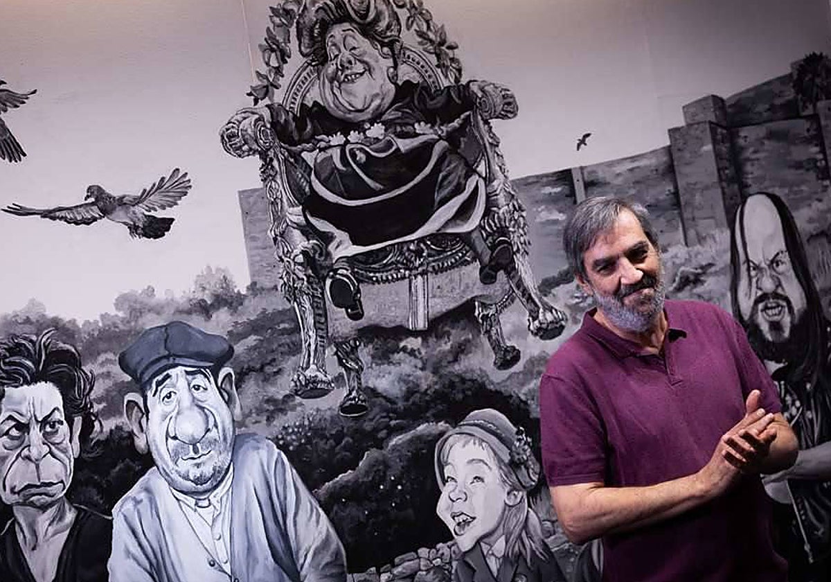 Ángel Idígoras, surrounded by the caricatures of Terele Pávez, Alfredo Landa, Rafael Aparicio, Marisol and Santiago Segura.