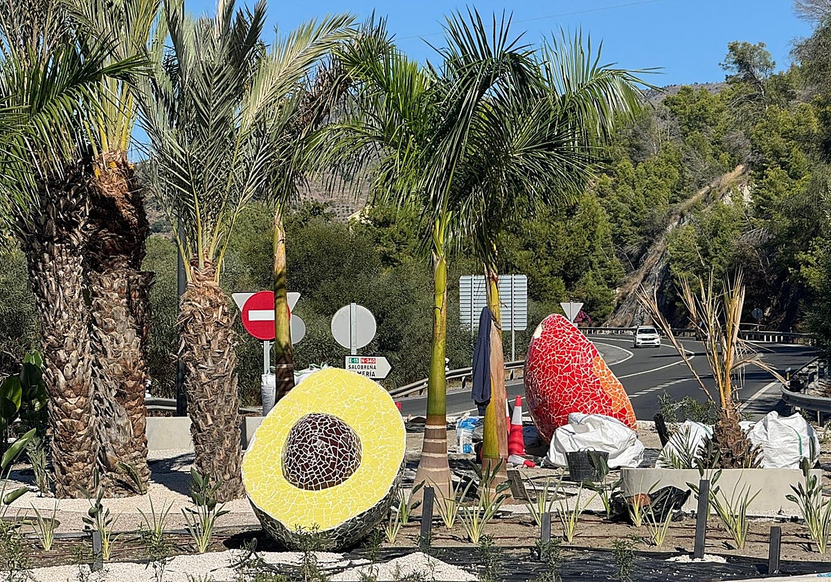 Some of the giant fruit figures on a roundabout in Almuñécar.
