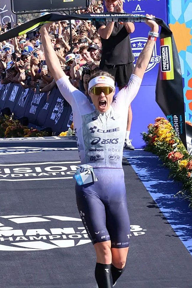 Lucy Charles-Barclay celebrates her win.