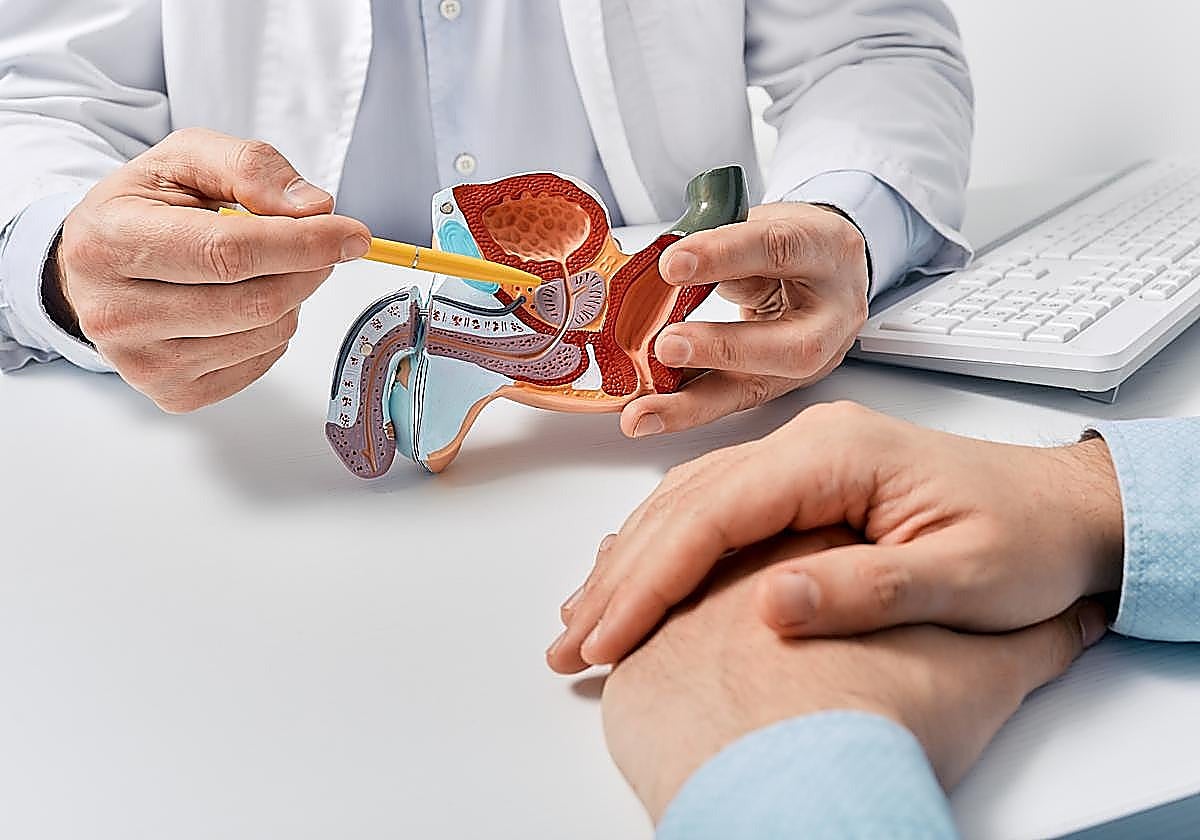 A doctor explains prostate-related issues to a patient.