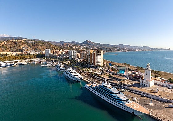 Aerial view of the Malaga marina, with some of the most luxurious megayachts in the world.