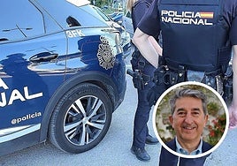 National Police officers on duty. Inset photo of Miguel Vázquez, former PP councillor of Coín arrested in Operation Gargamel.