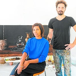 Flor Reiners and Fabio Baroli, alongside one of the Brazilian artist's pieces at Finca Las Tinajas in Marbella.