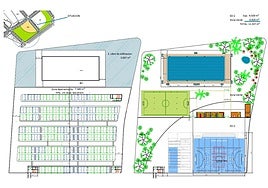 The project consists of a car park, an outdoor sports and leisure area and a covered pavilion.