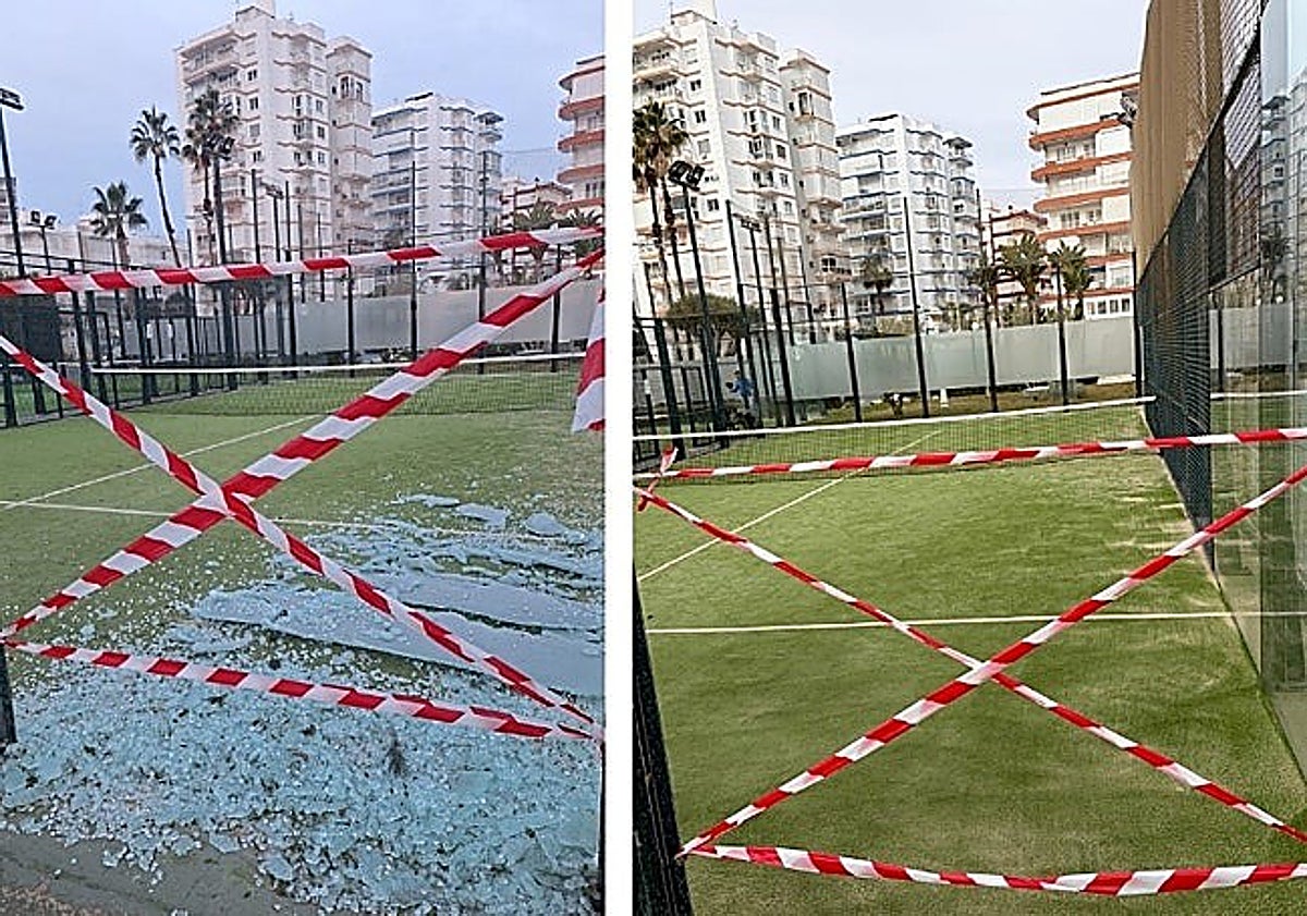 Imagen principal - Vandalism at the padel courts in Torre del Mar, near Algarrobo health centre and poinsettias strewn across the road in Torre del Mar