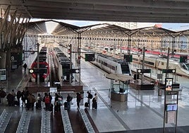 Photo of the María Zambrano station in Malaga, with stationed high-speed trains.