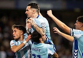 Malaga winger Joaquín celebrates his first Segunda goal of the season.