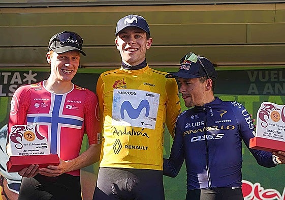 Leknessund (Uno-X-Mobility), Romeo (Movistar) and Pidcock (Pinarello-Q36.5) on the podium.