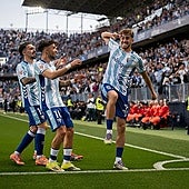 Adrián Niño celebrates restoring Malaga's lead just before half time.