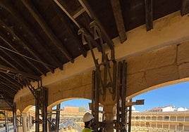 Technicians carry out ultrasound tests on all the columns in Ronda's bullring.