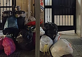 Garbage bags piled up at the entrance of a building on Calle Victoria in Malaga.