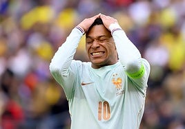 French captain Kylian Mbappe reacts during the international friendly match between Brazil and France in Foxborough.