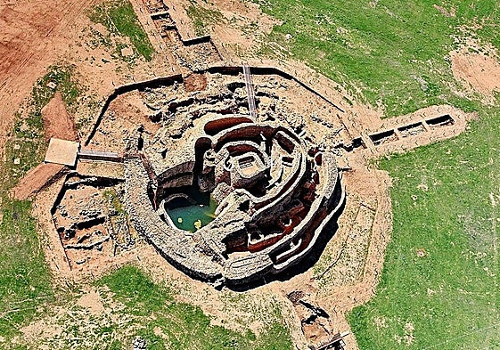 Aerial view of the oldest and deepest well on the Iberian Peninsula, located at the archaeological site of Motilla del Azuer.
