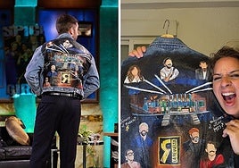 RTVE presenter Broncano wears one of Elena's creations on his programme La Revuelta and right, the artist with one of her jackets
