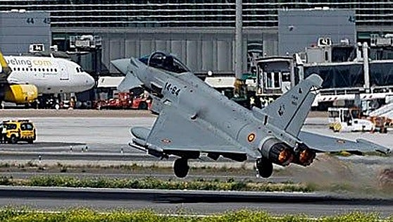 A Eurofighter aircraft takes off at Malaga airport during previous manoeuvres.