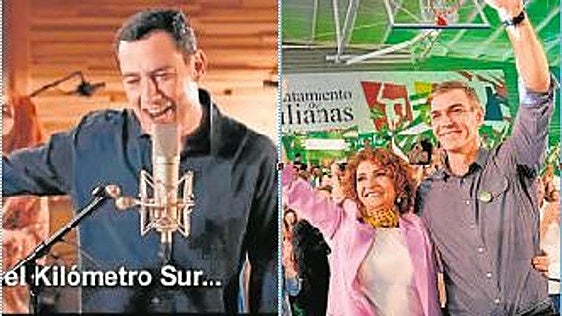 Moreno in a still from his song video (l) and Montero with the prime minster in Granada (r)