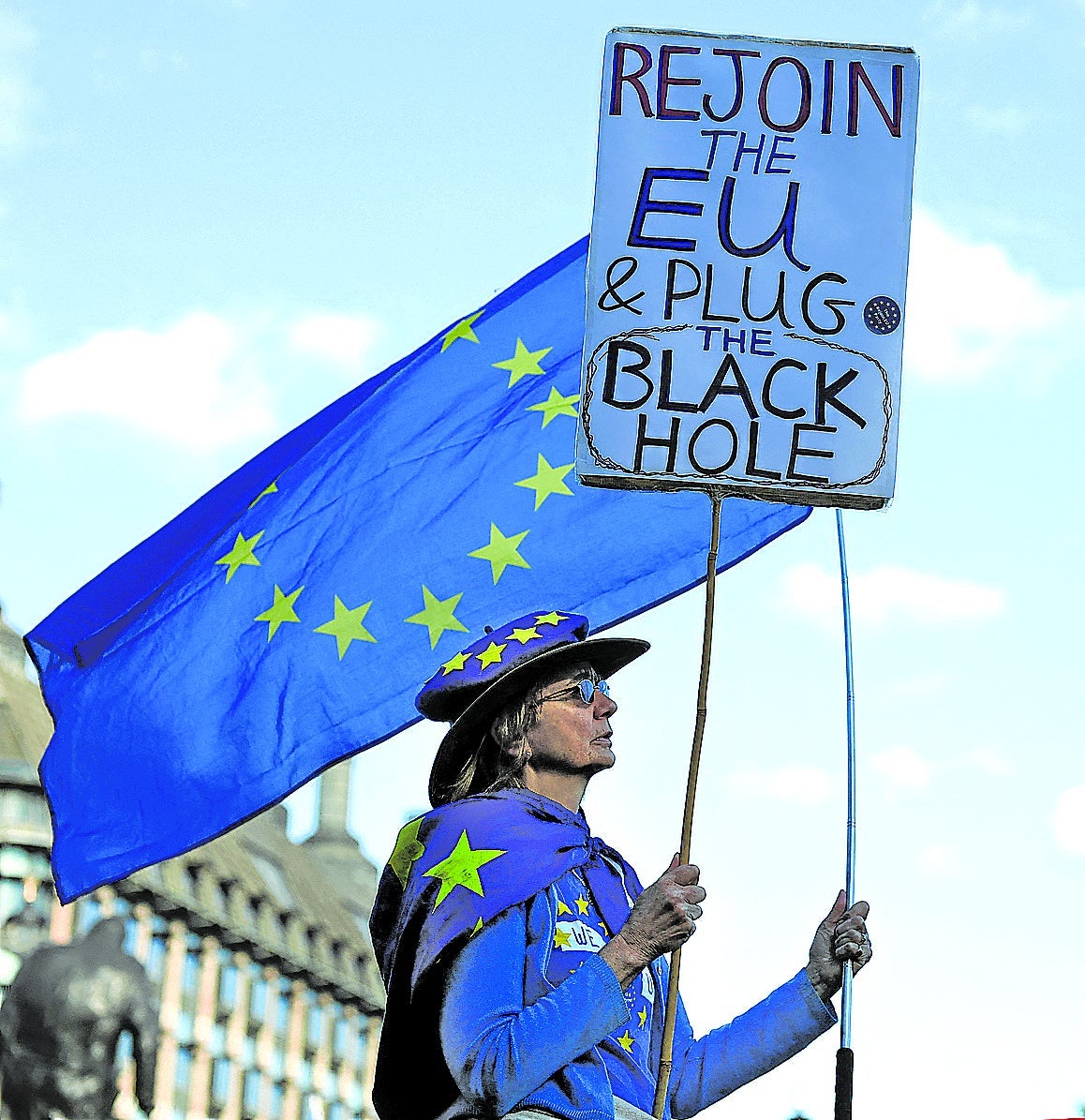An anti-Brexit protester demonstrates outside the British Parliament in London.