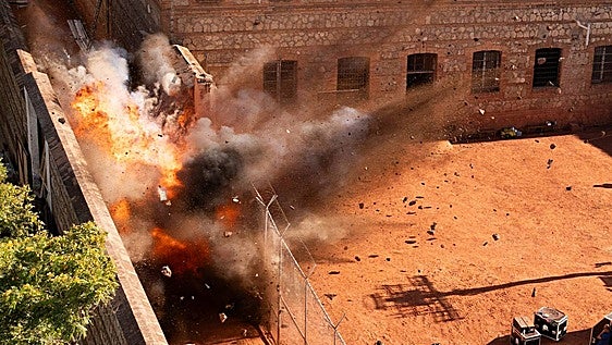The former prison in Malaga during the rehearsal of a scene featuring an explosion.
