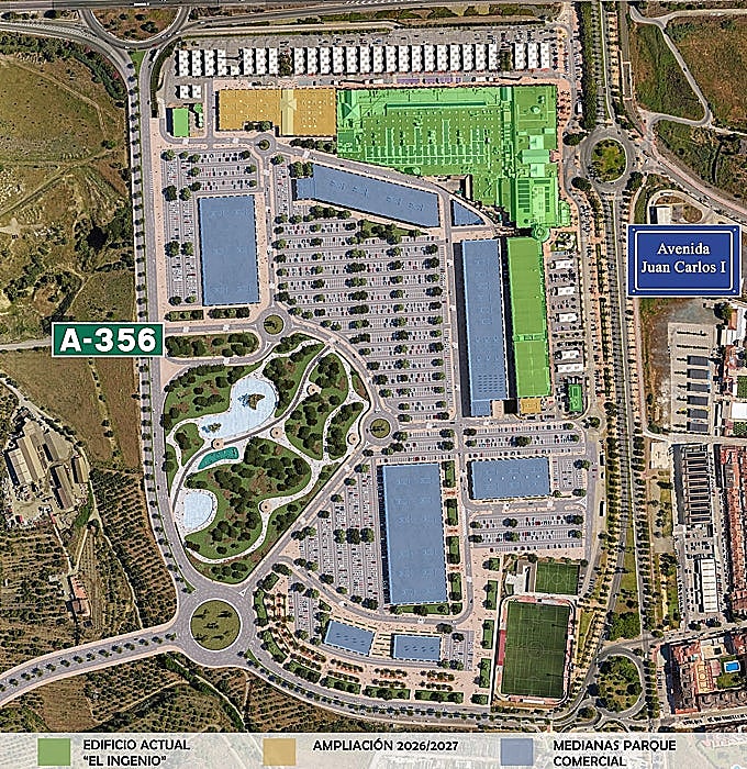 Image showing the existing space (green), 2026 expansion (yellow) and possible future retail park (grey)