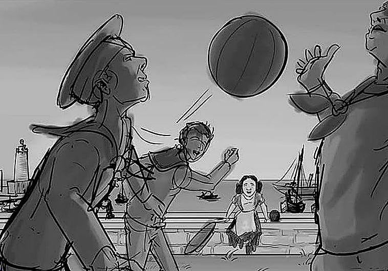 Imagen principal - Images from the storyboards for Veleta drawn by illustrator Álvaro Aracil and set in the port of Malaga and the church of Santísima Trinidad. The third image is one of the few photos of Nita Carmona, with other players in the team. 
