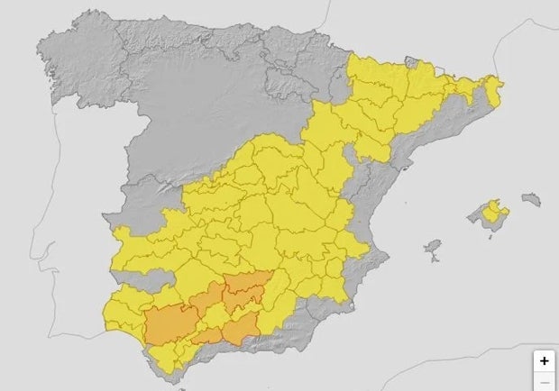 The map of Spain and the areas that will have a weather warning on 1 August.