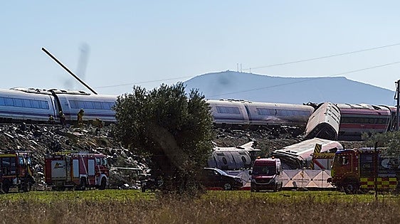 The wreckage of the AVE and Iryo trains involved in the accident at Urda