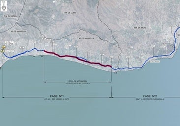 Acosol’s plan for the project on the Marbella–Fuengirola section, with the area where work will initially take place marked in red.