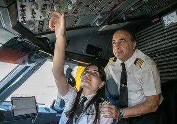 Pedro and Lucía working together in the aircraft cockpit at Malaga Airport.