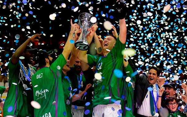 Unicaja’s players revel in the team’s first EuroCup title in their history in Valencia.