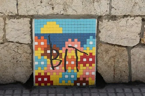 Graffiti on one mosaic.