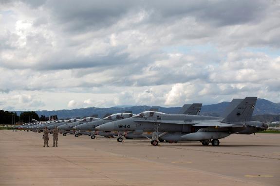 The fighter jets lined up at the Malaga Air Base.