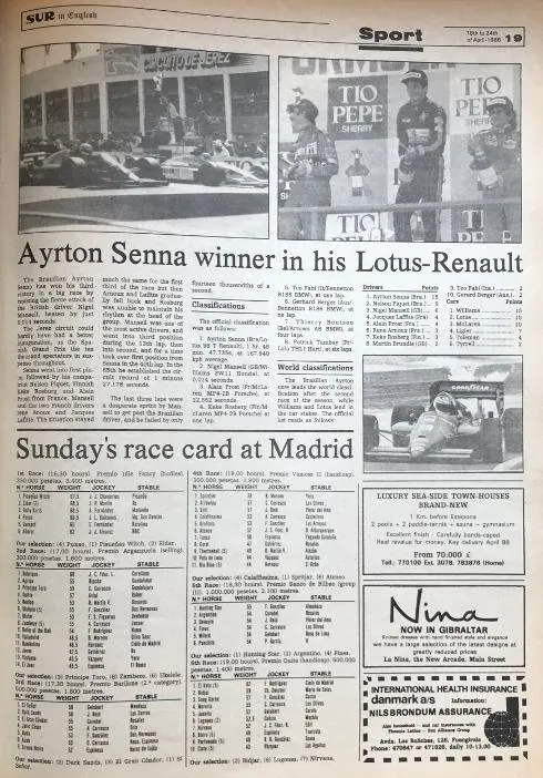 The report from the  inaugural Spanish F1  Grand Prix in Jerez  in SUR in English,  18 April 1986.        