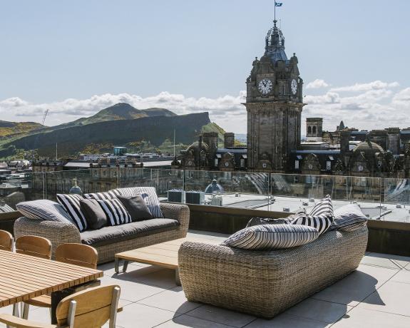 The Balmoral clock, seen from the terrace of the Edinburgh Grand. 