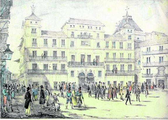  Plaza de las Cuatro Calles. A print by M. de Mesa (1839) of what is today the Plaza de la Constitución, where the corrective measures were applied to drunks who had been detained.