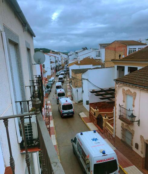 The convoy of ambulances leaving Alcalá del Valle.