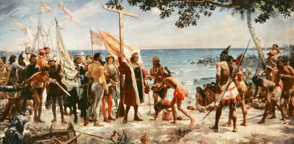 Painting illustrating Colombus' arrival in the Caribbean.