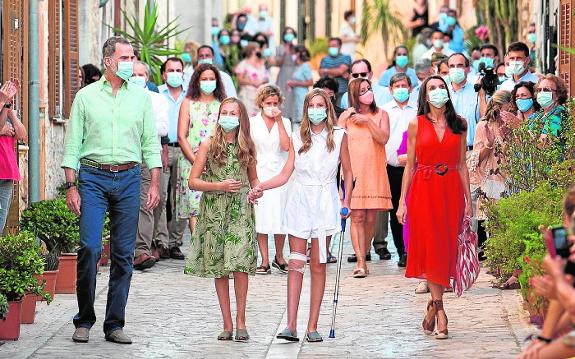 King Felipe, Princess Leonor, Infanta Sofia and Queen Letizia in the Mallorcan village of Petra on Monday. 