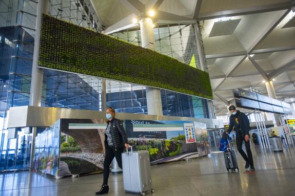 Passengers walk in front of the vertical garden in the main hall of Terminal 3 at Malaga Airport. francis silva