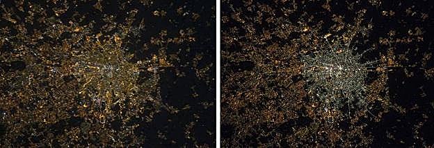 Antes y después de la contaminación lumínica de Milán.