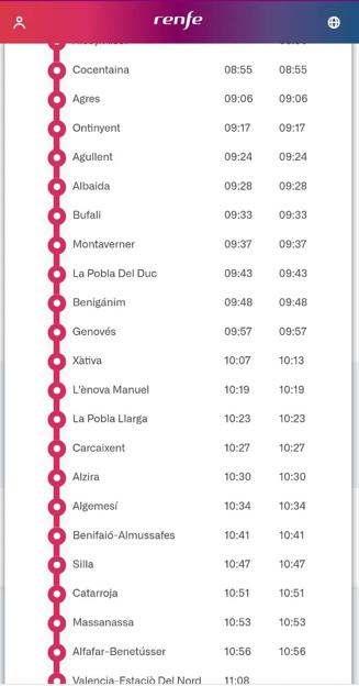 Imagen - Tabla de paradas y horarios del tren Alcoy-Valencia.