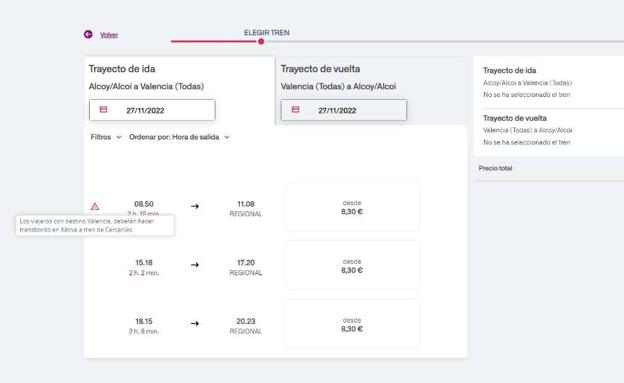 Página de compra de billetes de Renfe para viajar de Alcoy a Valencia este domingo.
