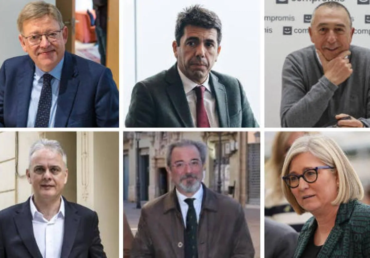 De arriba a abajo y de izquierda a derecha Ximo Puig (PSPV); Carlos Mazón (PP); Joan Baldoví (Compromís); Héctor Illueca (Podem); Carlos Flores (Vox) y Mamen Peris (Ciudadanos).