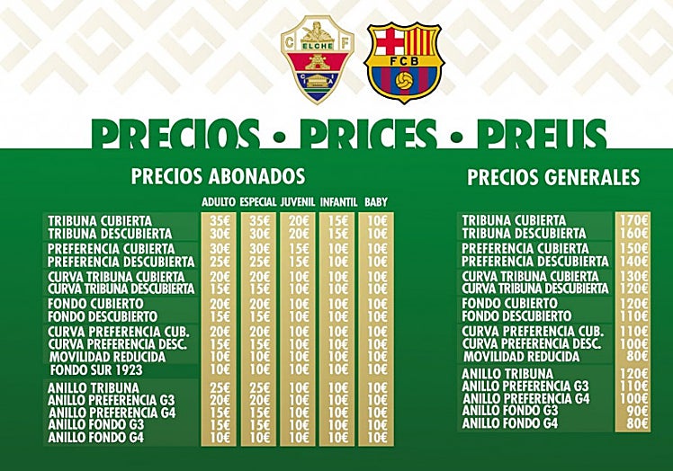 Precios fijados por el Elche