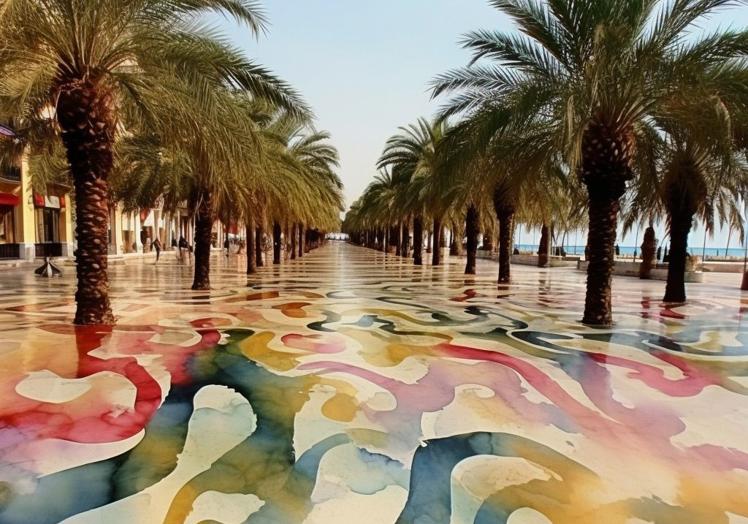 Imagen principal - La Explanada con teselas multicolor, Santa Cruz con grafitis de Dalí y Alicante flotante.