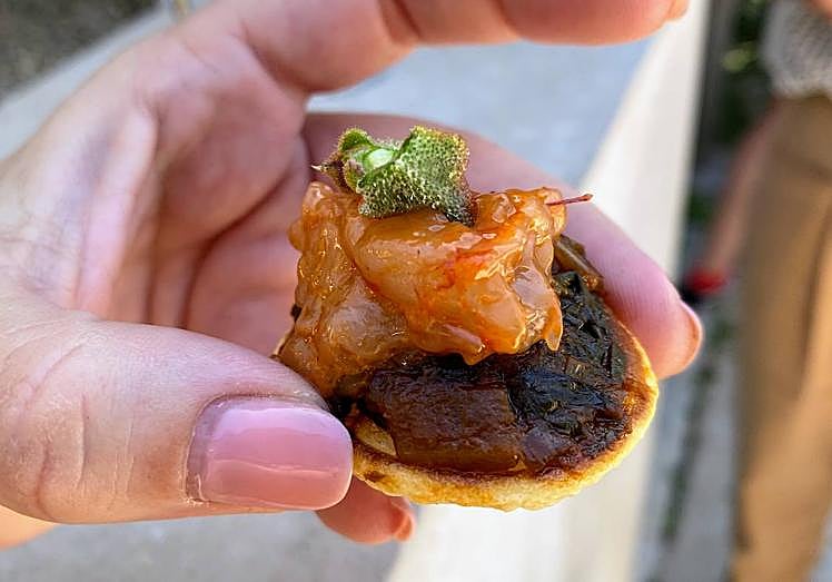 Imagen principal - 1. Coca de 'bledes' con tartar de gamba y lechuga del desieto. 2. Gazpacho de corvina con lechuga del desierto. 3 Infusión