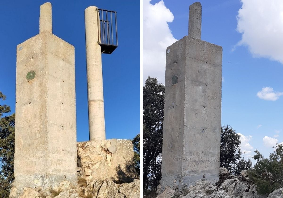 (d) Aspecto del vértice geodésico tras la eliminación del antiguo soporte para la cámara de prevención de incendios.