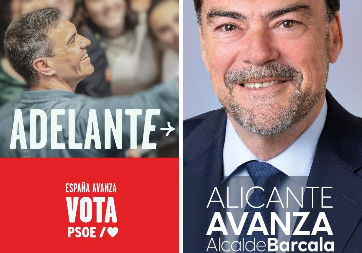 Carteles electorales de Pedro Sánchez y Luis Barcala.