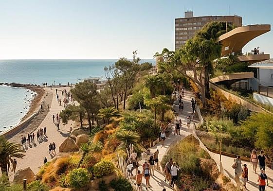 Recreación de un paseo litoral en la zona sur de Alicante sin vías en la costa.
