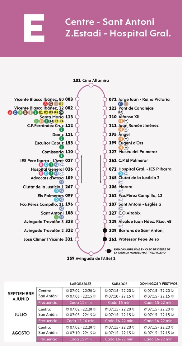 Imagen principal - La línea E, F y G del autobús urbano de Elche.
